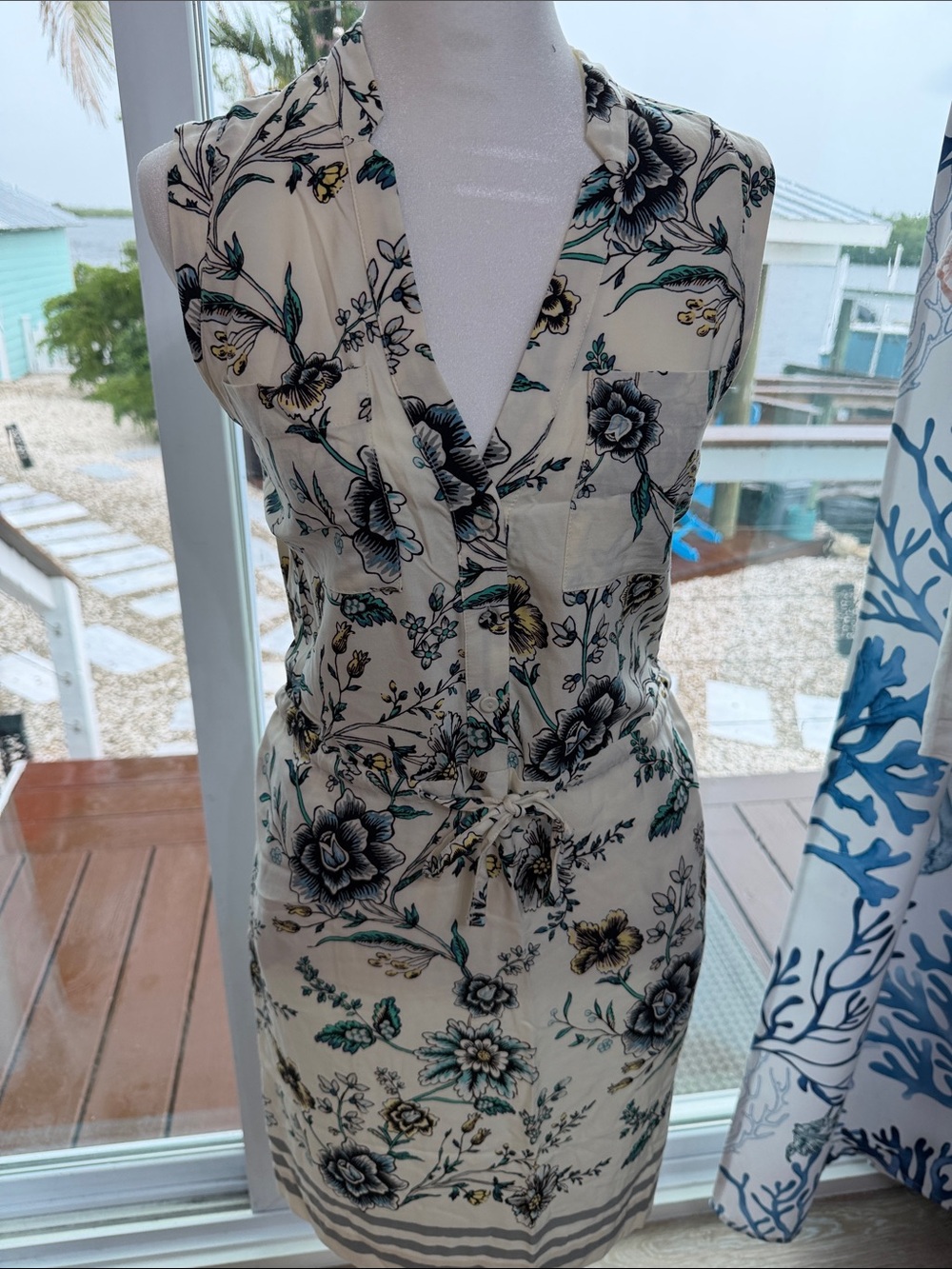 LOFT Cream Floral Tie-Waist Mini Dress with Black & Teal Accents